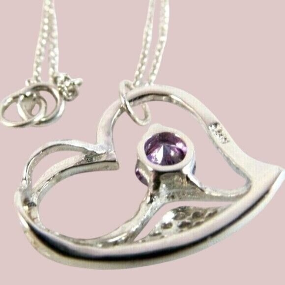 Sterling Silver Amethyst and Rhinestone Heart Pendant Necklace - Picture 5 of 12